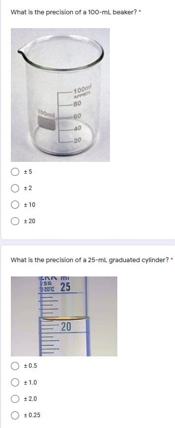 What is the precision of a 100-mL beaker?
100ml
APPROX
80
100ml
60
-40
20
O +5
+ 10
+ 20
What is the precision of a 25-ml graduated cylinder? *
ERK MI
USA
D 20°c 25
20
+ 0.5
+ 1.0
+ 2.0
+ 0.25
2.
+1

