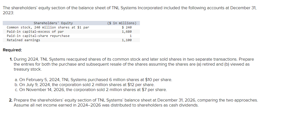 The shareholders' equity section of the balance sheet of TNL Systems Incorporated included the following accounts at December 31,
2023:
Shareholders' Equity
Common stock, 240 million shares at $1 par
Paid-in capital-excess of par
Paid-in capital-share repurchase
Retained earnings
Required:
($ in millions)
$ 240
1,680
1
1,100
1. During 2024, TNL Systems reacquired shares of its common stock and later sold shares in two separate transactions. Prepare
the entries for both the purchase and subsequent resale of the shares assuming the shares are (a) retired and (b) viewed as
treasury stock.
a. On February 5, 2024, TNL Systems purchased 6 million shares at $10 per share.
b. On July 9, 2024, the corporation sold 2 million shares at $12 per share.
c. On November 14, 2026, the corporation sold 2 million shares at $7 per share.
2. Prepare the shareholders' equity section of TNL Systems' balance sheet at December 31, 2026, comparing the two approaches.
Assume all net income earned in 2024-2026 was distributed to shareholders as cash dividends.