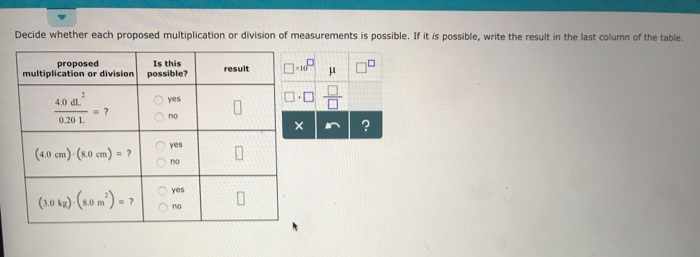 Decide whether each proposed multiplication or division of measurements is possible. If it is possible, write the result in the last column of the table.
proposed
Is this
multiplication or division. possible?
2
4.0 dL
0.20 L
= ?
(4.0 cm) (8.0 cm) = ?
(3.0 kg)-(8.0 m²) = ?
yes
no
yes
no
Oyes
no
result
0
0
0
O-P
X
=
300
?