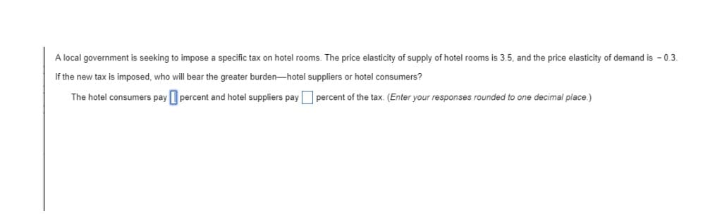 A local government is seeking to impose a specific tax on hotel rooms. The price elasticity of supply of hotel rooms is 3.5, and the price elasticity of demand is 0.3.
If the new tax is imposed, who will bear the greater burden-hotel suppliers or hotel consumers?
The hotel consumers pay percent and hotel suppliers pay
percent of the tax. (Enter your responses rounded
one decimal place.)
