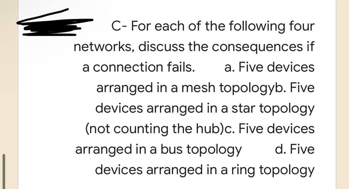 C- For each of the following four
networks, discuss the consequences if
a connection fails.
a. Five devices
arranged in a mesh topologyb. Five
devices arranged in a star topology
(not counting the hub)c. Five devices
arranged in a bus topology d. Five
devices arranged in a ring topology