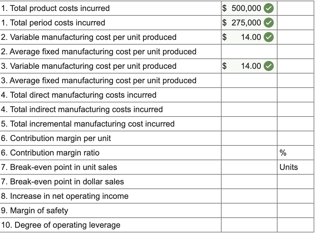 1. Total product costs incurred
1. Total period costs incurred
2. Variable manufacturing cost per unit produced
2. Average fixed manufacturing cost per unit produced
3. Variable manufacturing cost per unit produced
3. Average fixed manufacturing cost per unit produced
4. Total direct manufacturing costs incurred
4. Total indirect manufacturing costs incurred
5. Total incremental manufacturing cost incurred
6. Contribution margin per unit
6. Contribution margin ratio
7. Break-even point in unit sales
7. Break-even point in dollar sales
8. Increase in net operating income
9. Margin of safety
10. Degree of operating leverage
$ 500,000
$ 275,000
$ 14.00
14.00
%
Units