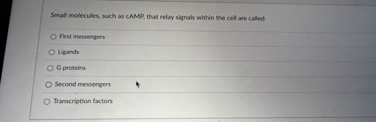 Small molecules, such as cAMP, that relay signals within the cell are called
O First messengers
O Ligands
OG proteins
O Second messengers
O Transcription factors
+