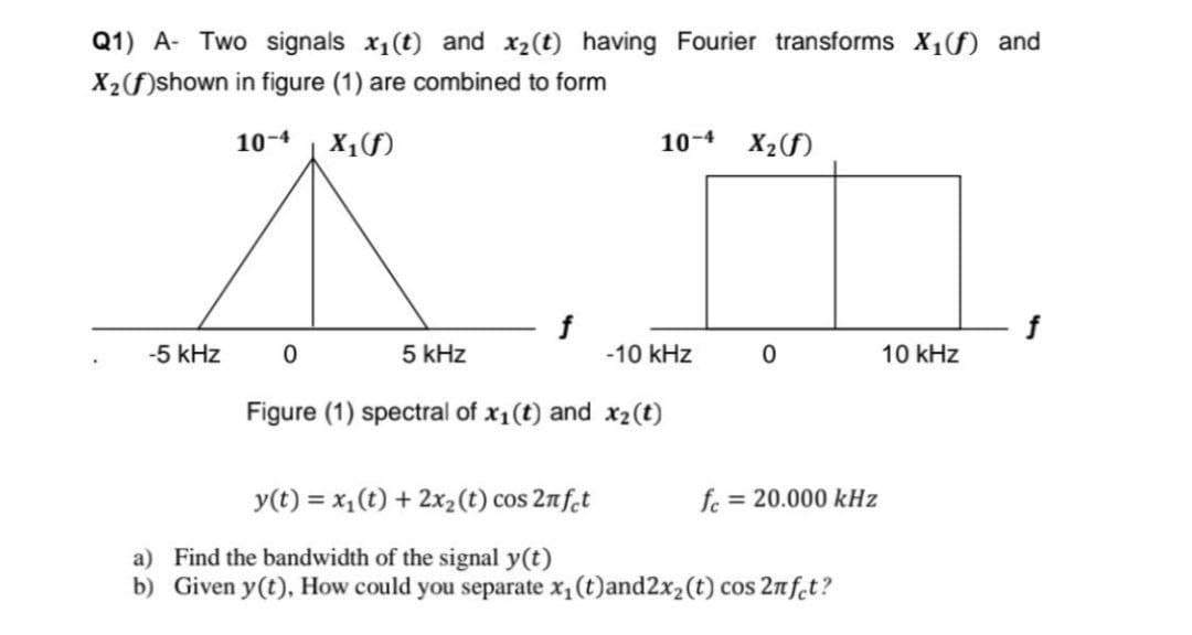 Q1) A- Two signals x₁(t) and x₂ (t) having Fourier transforms X₁(f) and
X₂(f)shown in figure (1) are combined to form
10-4 X₁(f)
10-4 X₂(f)
ÄI
f
-5 kHz
0
5 kHz
-10 kHz
0
10 kHz
Figure (1) spectral of x₁ (t) and x₂ (t)
y(t) = x₁(t) + 2x₂ (t) cos 2nfet
fc = 20.000 kHz
a) Find the bandwidth of the signal y(t)
b) Given y(t), How could you separate x₁ (t) and 2x₂ (t) cos 2n fet?