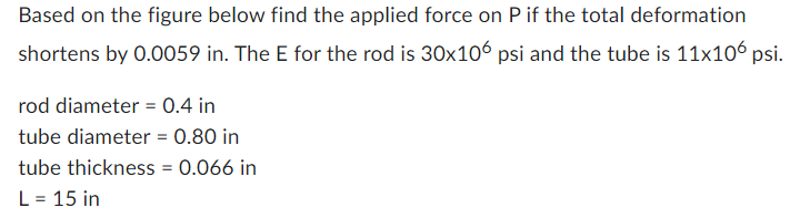 Based on the figure below find the applied force on P if the total deformation
shortens by 0.0059 in. The E for the rod is 30x106 psi and the tube is 11x106 psi.
rod diameter = 0.4 in
tube diameter = 0.80 in
tube thickness = 0.066 in
L = 15 in
