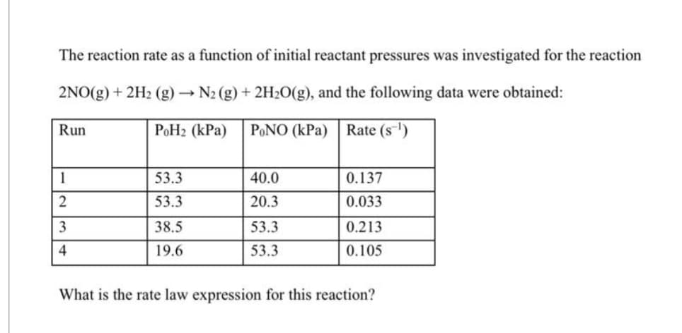The reaction rate as a function of initial reactant pressures was investigated for the reaction
2NO(g) + 2H₂ (g) -> N2 (g) + 2H₂O(g), and the following data were obtained:
PONO (kPa) Rate (S¹)
Run
1
2
3
4
POH₂ (kPa)
53.3
53.3
38.5
19.6
40.0
20.3
53.3
53.3
0.137
0.033
0.213
0.105
What is the rate law expression for this reaction?