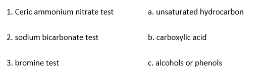 1. Ceric ammonium nitrate test
a. unsaturated hydrocarbon
2. sodium bicarbonate test
b. carboxylic acid
3. bromine test
c. alcohols or phenols
