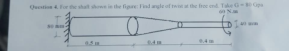 Question 4. For the shaft shown in the figure: Find angle of twist at the free end. Take G = 80 Gpa
60 N.m
O
80 mm
0.5 m
0.4 m
0.4 m
to 14
I
40 mm
