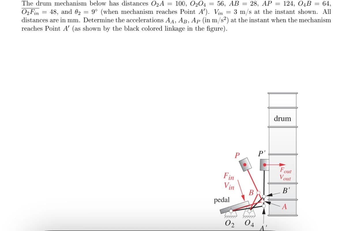 =
=
100, 0204
=
56, AB
= 28, AP = 124, O4B = 64,
3 m/s at the instant shown. All
=
The drum mechanism below has distances O2A
02 Fin = 48, and 02 : 9° (when mechanism reaches Point A'). Vin
distances are in mm. Determine the accelerations AA, AB, Ap (in m/s²) at the instant when the mechanism
reaches Point A' (as shown by the black colored linkage in the figure).
drum
P'
P
Fout
Fin
Vout
Vin
B'
B
pedal
A
02 0