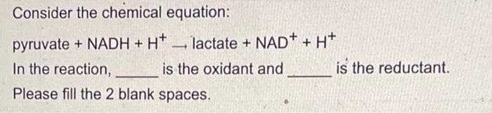 Consider the chemical equation:
pyruvate + NADH + H+ lactate + NAD+ + H+
In the reaction,
is the oxidant and
Please fill the 2 blank spaces.
is the reductant.