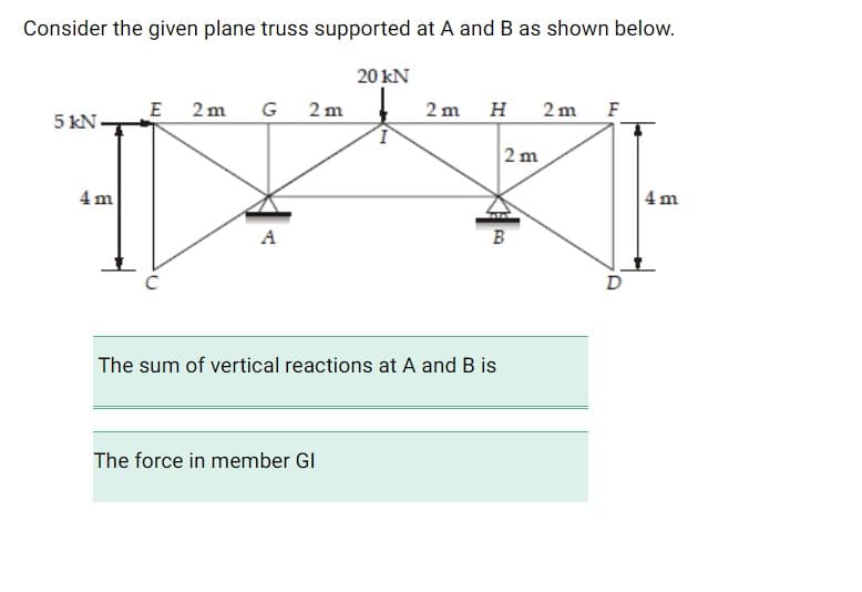 Consider the given plane truss supported at A and B as shown below.
20 kN
5 kN.
E 2m
G
2 m
2 m H
2 m F
2 m
4 m
4 m
A
B
The sum of vertical reactions at A and B is
The force in member GI
