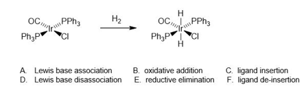 H
OCA
Ph;P
PPH3
H2
PPH3
CI
Ph;P
CI
A Lewis base association
D. Lewis base disassociation
B. oxidative addition
E. reductive elimination
C. ligand insertion
F. ligand de-insertion
