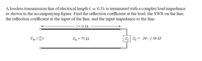 A lossless transmission line of electrical length e = 0.32 is teminated with a complex load impedance
as shown in the accompanying figure. Find the reflection coefficient at the load, the SWR on the line,
the reflection coefficient at the input of the line, and the input impedance to the line.
-1 = 0.3A
Z, = 75 2
Zz Zz = 20-j 30 N
