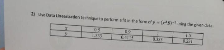 2) Use Data Linearization technique to perform a fit in the form of y = (x^B)-¹ using the given data.
x
y
0.5
1.333
0.9
0.4115
0.333
1.5
0.231