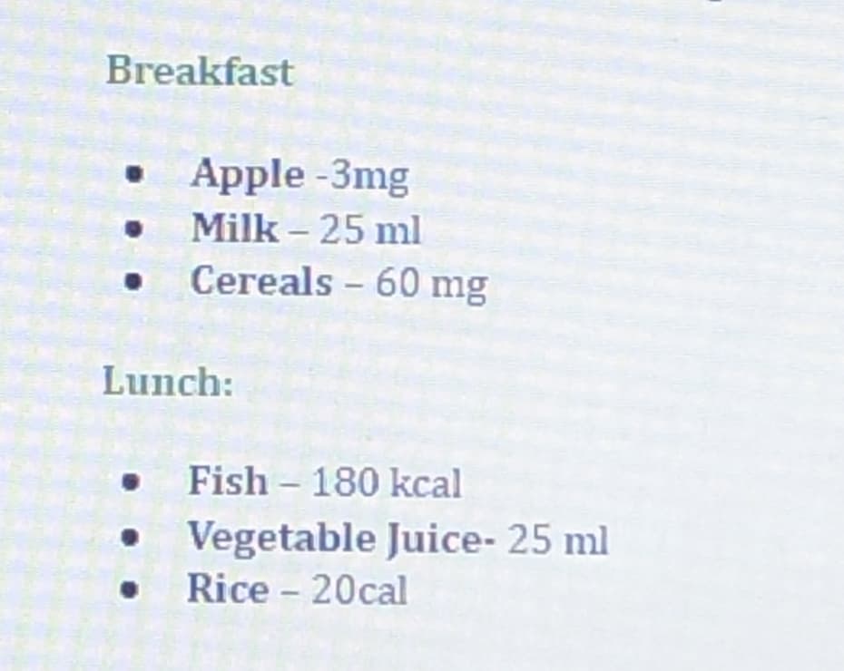 Breakfast
• Apple -3mg
• Milk – 25 ml
• Cereals -60 mg
Lunch:
• Fish – 180 kcal
Vegetable Juice- 25 ml
Rice - 20cal
