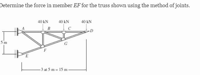 Determine the force in member EF for the truss shown using the method of joints.
40 kN
40 kN
40 kN
B
-D
5 m
G
-3 at 5 m = 15 m -
