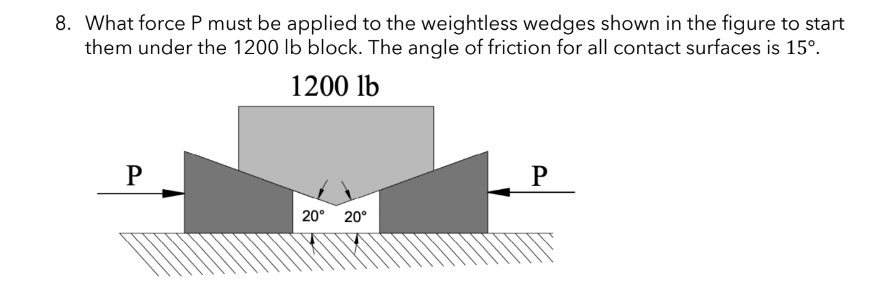 8. What force P must be applied to the weightless wedges shown in the figure to start
them under the 1200 lb block. The angle of friction for all contact surfaces is 15º.
1200 lb
P
P
20° 20°