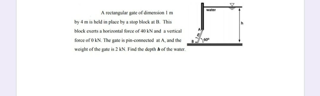 water
A rectangular gate of dimension 1 m
by 4 m is held in place by a stop block at B. This
h
block exerts a horizontal force of 40 kN and a vertical
force of 0 kN. The gate is pin-connected at A, and the
1600
weight of the gate is 2 kN. Find the depth h of the water.
