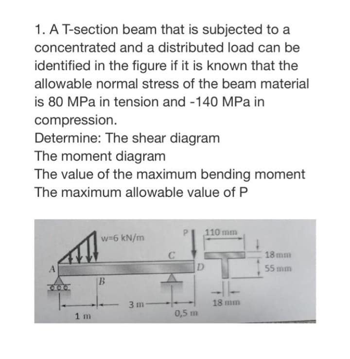 1. A T-section beam that is subjected to a
concentrated and a distributed load can be
identified in the figure if it is known that the
allowable normal stress of the beam material
is 80 MPa in tension and -140 MPa in
compression.
Determine: The shear diagram
The moment diagram
The value of the maximum bending moment
The maximum allowable value of P
A
1 m
w=6 kN/m
B
-3m-
C
110 mm
D
0,5 m
18 mm
18 mm
55 mm