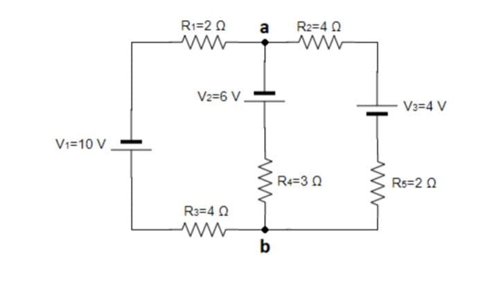 V1=10 V
R₁-2 Q
www
V2=6 V
R3=4 Q
a
b
R2=4 Q
ww
R4=3 Q
V3=4 V
R5=2Q