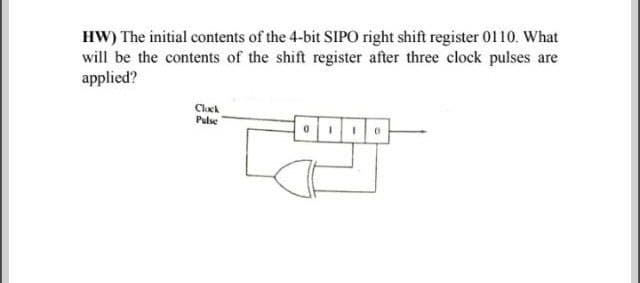 HW) The initial contents of the 4-bit SIPO right shift register 0110. What
will be the contents of the shift register after three clock pulses are
applied?
Clack
Pulse
