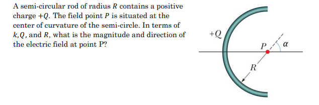 A semi-circular rod of radius R contains a positive
charge +Q. The field point P is situated at the
center of curvature of the semi-circle. In terms of
k,Q, and R, what is the magnitude and direction of
the electric field at point P?
+Q
R
