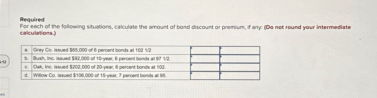 Required
For each of the following situations, calculate the amount of bond discount or premium, if any: (Do not round your intermediate
calculations.)
a. Gray Co. issued $65,000 of 6 percent bonds at 102 1/2
b.
Bush, Inc. issued $92,000 of 10-year, 6 percent bonds at 97 1/2.
:12
es
c.
Oak, Inc. issued $202,000 of 20-year, 6 percent bonds at 102.
d. Willow Co. issued $106,000 of 15-year, 7 percent bonds at 95.