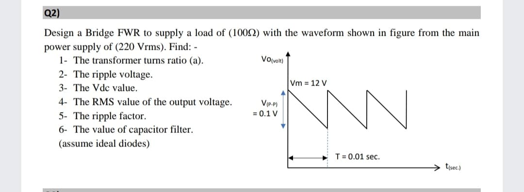 Q2)
Design a Bridge FWR to supply a load of (1002) with the waveform shown in figure from the main
power supply of (220 Vrms). Find: -
1- The transformer turns ratio (a).
VOlvolt)
2- The ripple voltage.
Vm = 12 V
3- The Vdc value.
4- The RMS value of the output voltage.
V(p.P)
= 0.1 V
5- The ripple factor.
6- The value of capacitor filter.
(assume ideal diodes)
T = 0.01 sec.
→ t(sec.)
