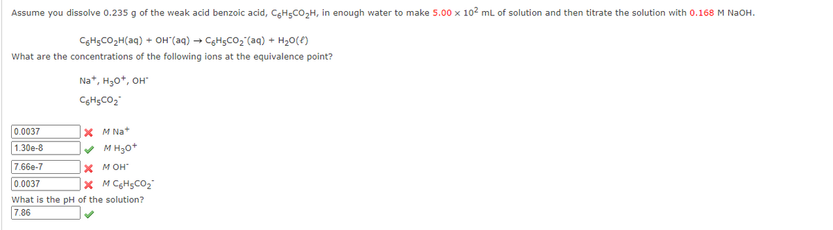 Assume you dissolve 0.235 g of the weak acid benzoic acid, C6H5CO₂H, in enough water to make 5.00 x 10² mL of solution and then titrate the solution with 0.168 M NaOH.
C6H5CO₂H(aq) + OH(aq) → C6H5CO₂ (aq) + H₂O(l)
What are the concentrations of the following ions at the equivalence point?
0.0037
1.30e-8
Na+, H3O+, OH™
C6H5CO₂
X M Na+
✓ MH 30+
X MOH™
7.66e-7
0.0037
XM C6H5CO₂
What is the pH of the solution?
7.86
