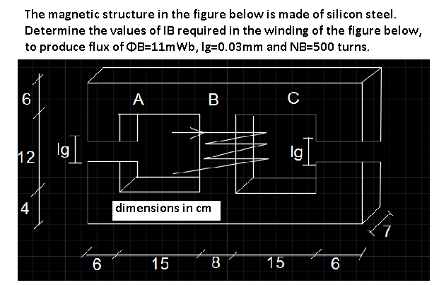 The magnetic structure in the figure below is made of silicon steel.
Determine the values of IB required in the winding of the figure below,
to produce flux of OB=11mWb, l=0.03mm and NB=500 turns.
6
A B C
\g
12
4
dimensions in cm
7
6
15
8
15
6
