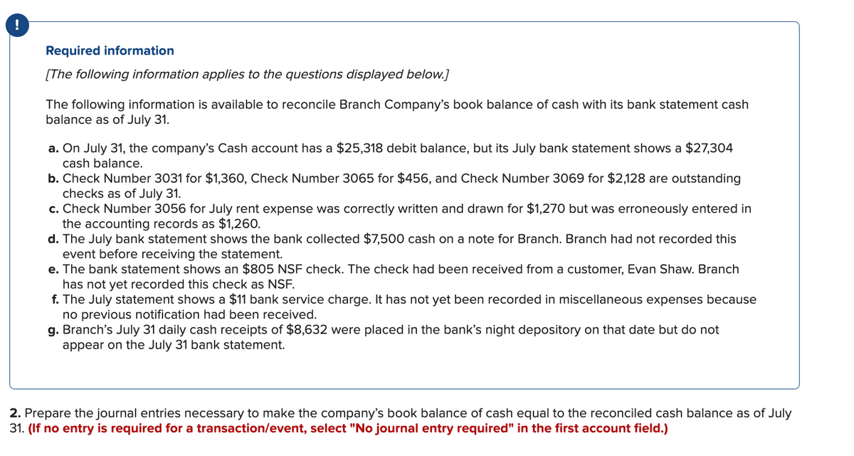 Required information
[The following information applies to the questions displayed below.]
The following information is available to reconcile Branch Company's book balance of cash with its bank statement cash
balance as of July 31.
a. On July 31, the company's Cash account has a $25,318 debit balance, but its July bank statement shows a $27,304
cash balance.
b. Check Number 3031 for $1,360, Check Number 3065 for $456, and Check Number 3069 for $2,128 are outstanding
checks as of July 31.
c. Check Number 3056 for July rent expense was correctly written and drawn for $1,270 but was erroneously entered in
the accounting records as $1,260.
d. The July bank statement shows the bank collected $7,500 cash on a note for Branch. Branch had not recorded this
event before receiving the statement.
e. The bank statement shows an $805 NSF check. The check had been received from a customer, Evan Shaw. Branch
has not yet recorded this check as NSF.
f. The July statement shows a $11 bank service charge. It has not yet been recorded in miscellaneous expenses because
no previous notification had been received.
g. Branch's July 31 daily cash receipts of $8,632 were placed in the bank's night depository on that date but do not
appear on the July 31 bank statement.
2. Prepare the journal entries necessary to make the company's book balance of cash equal to the reconciled cash balance as of July
31. (If no entry is required for a transaction/event, select "No journal entry required" in the first account field.)