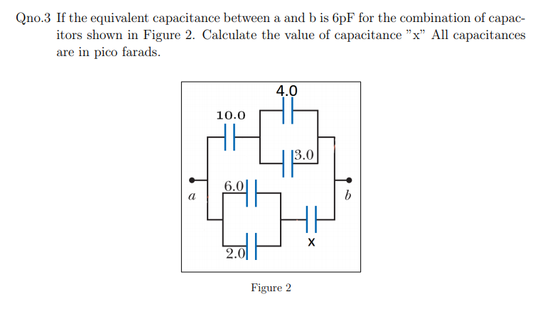 Qno.3 If the equivalent capacitance between a and b is 6pF for the combination of capac-
itors shown in Figure 2. Calculate the value of capacitance "x" All capacitances
are in pico farads.
4.0
10.0
|3.0
6.0
b
HH
2.0|
Figure 2
