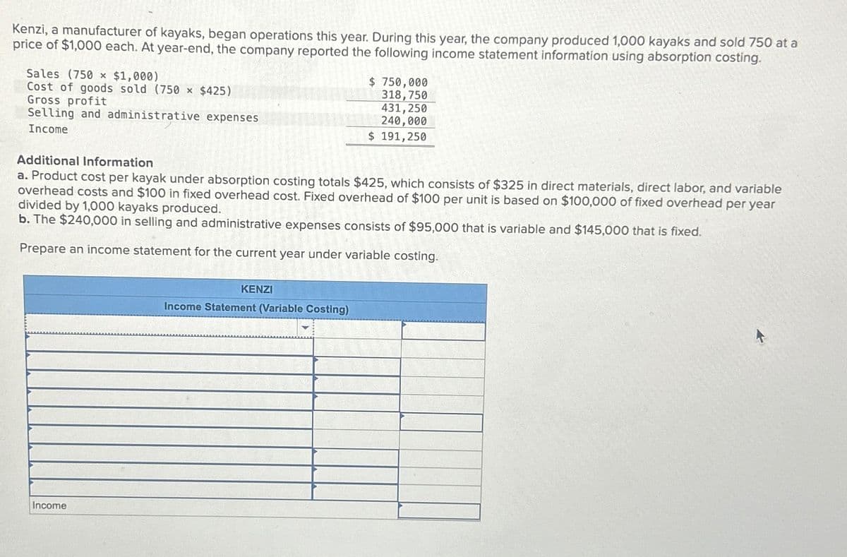 Kenzi, a manufacturer of kayaks, began operations this year. During this year, the company produced 1,000 kayaks and sold 750 at a
price of $1,000 each. At year-end, the company reported the following income statement information using absorption costing.
Sales (750 x $1,000)
Cost of goods sold (750 x $425)
Gross profit
Selling and administrative expenses
Income
Additional Information
$ 750,000
318,750
431,250
240,000
$ 191,250
a. Product cost per kayak under absorption costing totals $425, which consists of $325 in direct materials, direct labor, and variable
overhead costs and $100 in fixed overhead cost. Fixed overhead of $100 per unit is based on $100,000 of fixed overhead per year
divided by 1,000 kayaks produced.
b. The $240,000 in selling and administrative expenses consists of $95,000 that is variable and $145,000 that is fixed.
Prepare an income statement for the current year under variable costing.
Income
KENZI
Income Statement (Variable Costing)