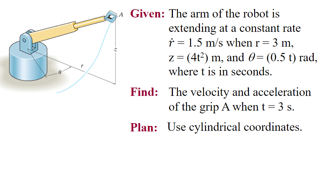 ‚A Given: The arm of the robot is
extending at a constant rate
r = 1.5 m/s when r =
3 m,
z = (4t2) m, and 0= (0.5 t) rad,
where t is in seconds.
Find: The velocity and acceleration
of the grip A when t = 3 s.
Plan: Use cylindrical coordinates.
