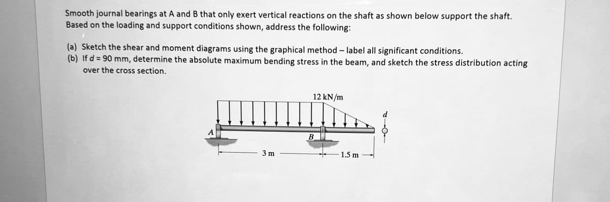 Smooth journal bearings at A and B that only exert vertical reactions on the shaft as shown below support the shaft.
Based on the loading and support conditions shown, address the following:
(a) Sketch the shear and moment diagrams using the graphical method - label all significant conditions.
(b) If d = 90 mm, determine the absolute maximum bending stress in the beam, and sketch the stress distribution acting
over the cross section.
A
3 m
12 kN/m
B
1.5 m