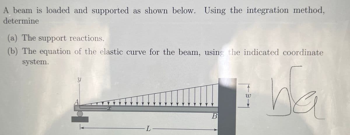 A beam is loaded and supported as shown below. Using the integration method,
determine
(a) The support reactions.
(b) The equation of the elastic curve for the beam, using the indicated coordinate
system.
ha
Y
A
X
L-
B
|31|
W