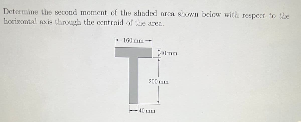 Determine the second moment of the shaded area shown below with respect to the
horizontal axis through the centroid of the area.
160 mm
40 mm
200 mm
40 mm