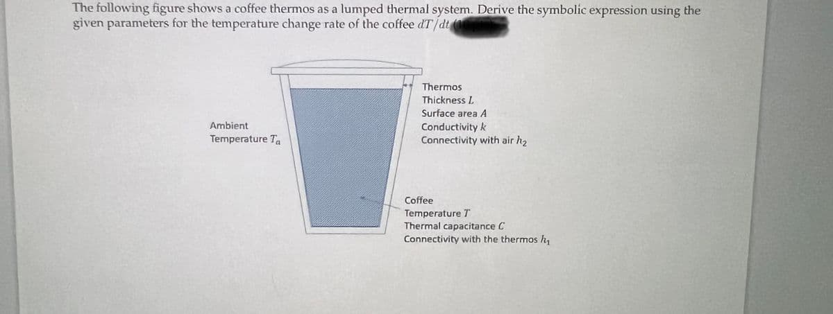 The following figure shows a coffee thermos as a lumped thermal system. Derive the symbolic expression using the
given parameters for the temperature change rate of the coffee dT/dt (10
Ambient
Temperature Ta
Thermos
Thickness L
Surface area A
Conductivity k
Connectivity with air h₂
Coffee
Temperature T
Thermal capacitance C
Connectivity with the thermos h₁