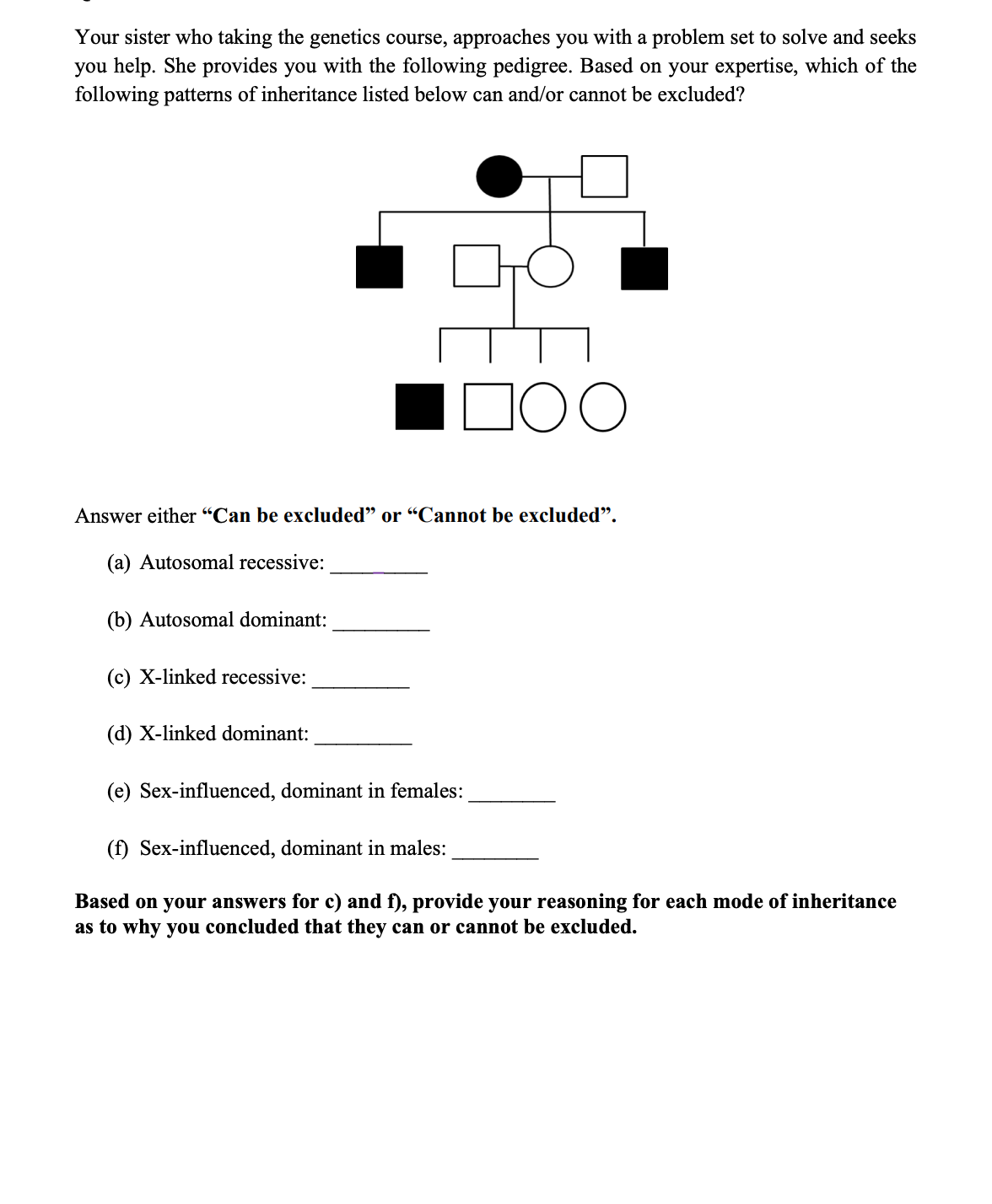 Your sister who taking the genetics course, approaches you with a problem set to solve and seeks
you help. She provides you with the following pedigree. Based on your expertise, which of the
following patterns of inheritance listed below can and/or cannot be excluded?
Answer either “Can be excluded" or “Cannot be excluded".
(a) Autosomal recessive:
(b) Autosomal dominant:
(c) X-linked recessive:
(d) X-linked dominant:
(e) Sex-influenced, dominant in females:
(f) Sex-influenced, dominant in males:
Based on your answers for c) and f), provide your reasoning for each mode of inheritance
as to why you concluded that they can or cannot be excluded.
