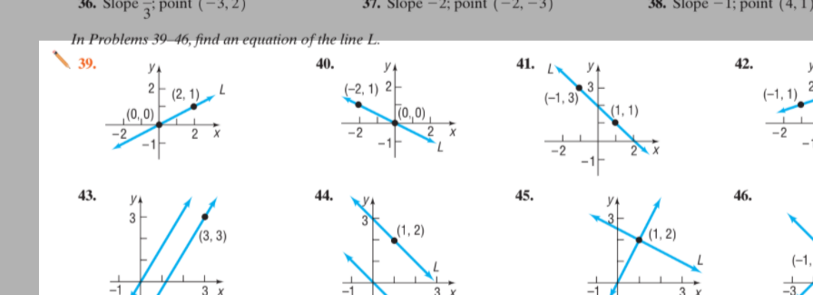 36. Slope point
31. Slope –2; point
-3)
38. Slope –1; point (4,
In Problems 39–46, find an equation of the line L.
39.
40.
41.
42.
(-2, 1) 2-
|70,0) ,
2 x
2
(2, 1).
3
(-1, 3)
(-1, 1).
,(0, 0)
(1, 1)
2 X
-2
-2
7.
43.
44.
45.
46.
3
(3, 3)
(1, 2)
(1, 2)
(-1,
-3
