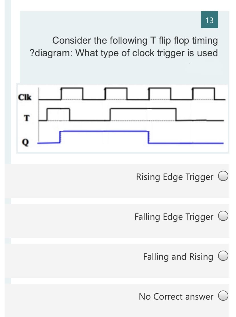 13
Consider the following T flip flop timing
?diagram: What type of clock trigger is used
Clk
T
Rising Edge Trigger O
Falling Edge Trigger O
Falling and Rising O
No Correct answer O
