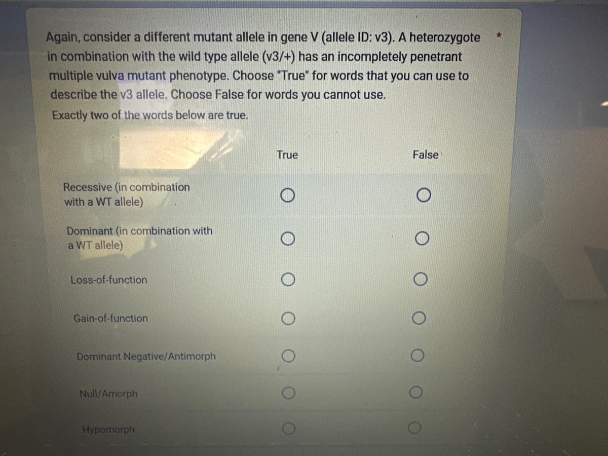 Again, consider a different mutant allele in gene V (allele ID: v3). A heterozygote
in combination with the wild type allele (v3/+) has an incompletely penetrant
multiple vulva mutant phenotype. Choose "True" for words that you can use to
describe the v3 allele. Choose False for words you cannot use.
Exactly two of the words below are true.
Recessive (in combination
with a WT allele)
Dominant (in combination with
a WT allele)
Loss-of-function
Gain-of-function
Dominant Negative/Antimorph
Null/Amorph
Hypomorph
True
O
False
O
★