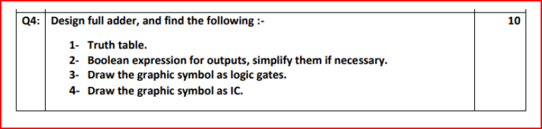 Q4: Design full adder, and find the following :-
10
1- Truth table.
2- Boolean expression for outputs, simplify them if necessary.
3- Draw the graphic symbol as logic gates.
4- Draw the graphic symbol as Ic.
