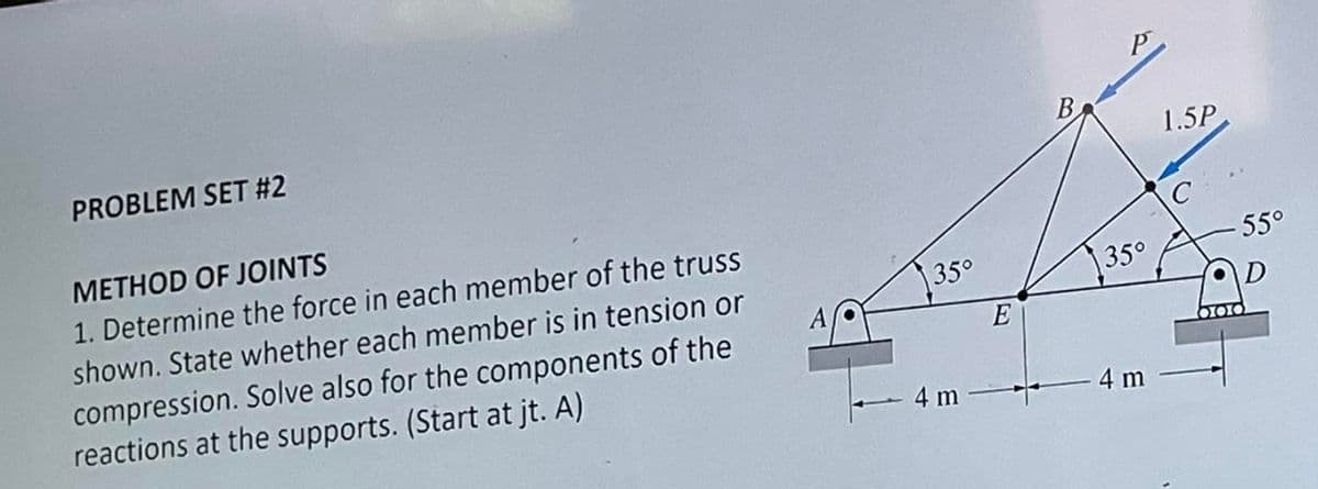 PROBLEM SET #2
METHOD OF JOINTS
1. Determine the force in each member of the truss
shown. State whether each member is in tension or
compression. Solve also for the components of the
reactions at the supports. (Start at jt. A)
A
350
4 m
E
B
35°
4 m
1.5P
C
55°
D
OXOXO