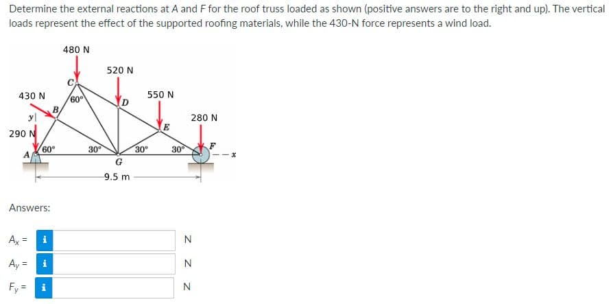 Determine the external reactions at A and F for the roof truss loaded as shown (positive answers are to the right and up). The vertical
loads represent the effect of the supported roofing materials, while the 430-N force represents a wind load.
430 N
y
290 N
A
Answers:
Ax=
=
Ay =
Fy=
60°
i
B
Mi
480 N
60°
30⁰
520 N
G
9.5 m
550 N
30°
30°
280 N
N
Z Z Z
N
N
F
x