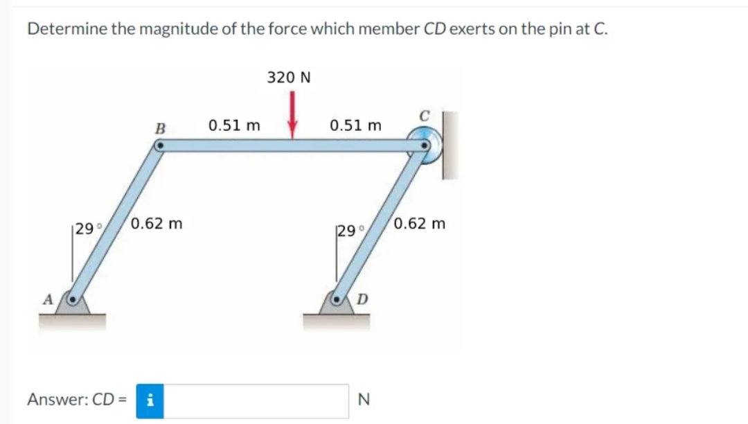 Determine the magnitude of the force which member CD exerts on the pin at C.
320 N
B
0.51 m
0.51 m
FF
0.62 m
29°
CAD
A
129
Answer: CD =
N
0.62 m