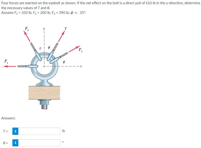 Four forces are exerted on the eyebolt as shown. If the net effect on the bolt is a direct pull of 610 lb in the y-direction, determine
the necessary values of T and 8.
Assume F₁ = 350 lb, F₂ = 200 lb, F3 = 390 lb, = 35°.
F₁
Answers:
T =
0 =
Mi
Mi
F₂
B
+-
T
lb
0
F₁