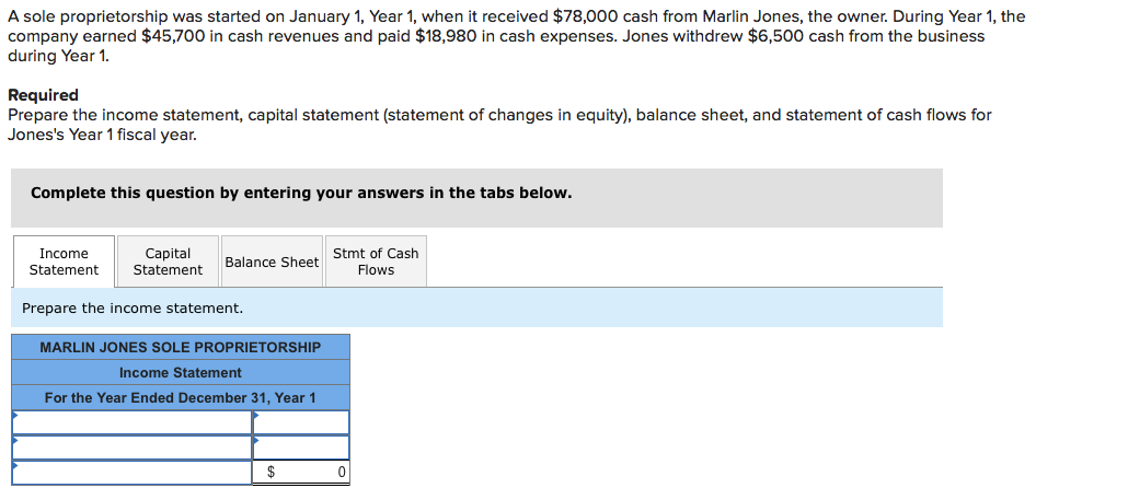 A sole proprietorship was started on January 1, Year 1, when it received $78,000 cash from Marlin Jones, the owner. During Year 1, the
company earned $45,700 in cash revenues and paid $18,980 in cash expenses. Jones withdrew $6,500 cash from the business
during Year 1.
Required
Prepare the income statement, capital statement (statement of changes in equity), balance sheet, and statement of cash flows for
Jones's Year 1 fiscal year.
Complete this question by entering your answers in the tabs below.
Income
Statement
Capital
Statement
Stmt of Cash
Flows
Balance Sheet
Prepare the income statement.
MARLIN JONES SOLE PROPRIETORSHIP
Income Statement
For the Year Ended December 31, Year 1
$
