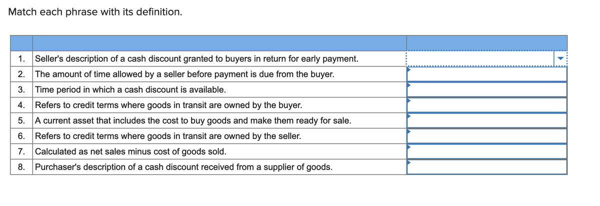 Match each phrase with its definition.
1.
Seller's description of a cash discount granted to buyers in return for early payment.
2.
The amount of time allowed by a seller before payment is due from the buyer.
3.
Time period in which a cash discount is available.
4. Refers to credit terms where goods in transit are owned by the buyer.
5. A current asset that includes the cost to buy goods and make them ready for sale.
6.
Refers to credit terms where goods in transit are owned by the seller.
7.
Calculated as net sales minus cost of goods sold.
8.
Purchaser's description of a cash discount received from a supplier of goods.
