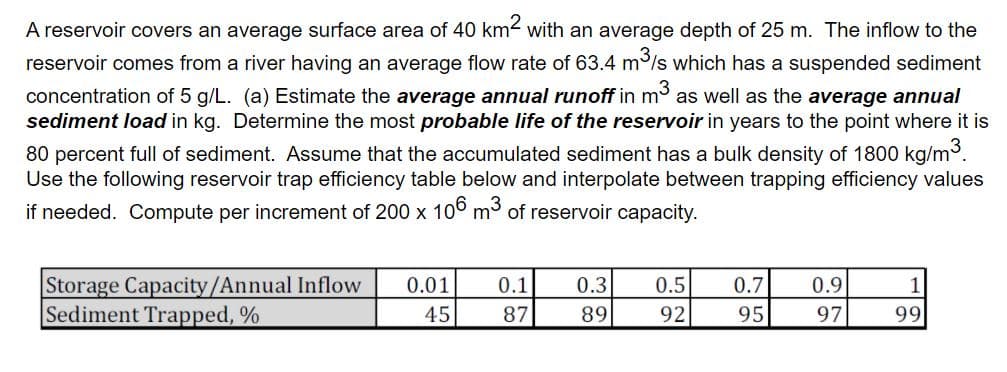 A reservoir covers an average surface area of 40 km< with an average depth of 25 m. The inflow to the
reservoir comes from a river having an average flow rate of 63.4 m/s which has a suspended sediment
concentration of 5 g/L. (a) Estimate the average annual runoff in m³ as well as the average annual
sediment load in kg. Determine the most probable life of the reservoir in years to the point where it is
80 percent full of sediment. Assume that the accumulated sediment has a bulk density of 1800 kg/m3.
Use the following reservoir trap efficiency table below and interpolate between trapping efficiency values
if needed. Compute per increment of 200 x 100 m3
of reservoir capacity.
Storage Capacity/Annual Inflow
Sediment Trapped, %
0.01
0.1
0.3
0.5
0.7
0.9
45
87
89
92
95
97
99
